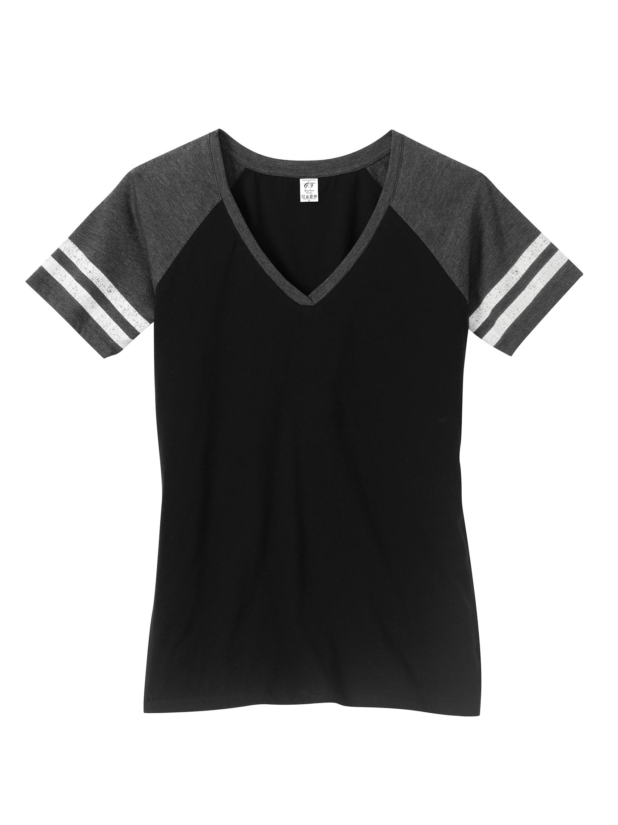 Gravity Threads Womens Distressed Stripe V-Neck Shirt - Black/Heather Charcoal - Small