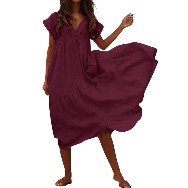 Ketyyh-chn99 Robes Grande Taille pour Femmes Grande Taille Robe Évasée à Fleurs Robe d'Été Manche à Volants Ample Fluide Plissée Robe Mini Rouge,P