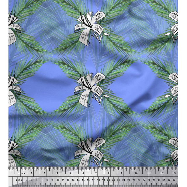Soimoi Blue polyester Crepe Fabric Pine & Leaves Print Fabric by Yard 52 Inch Wide