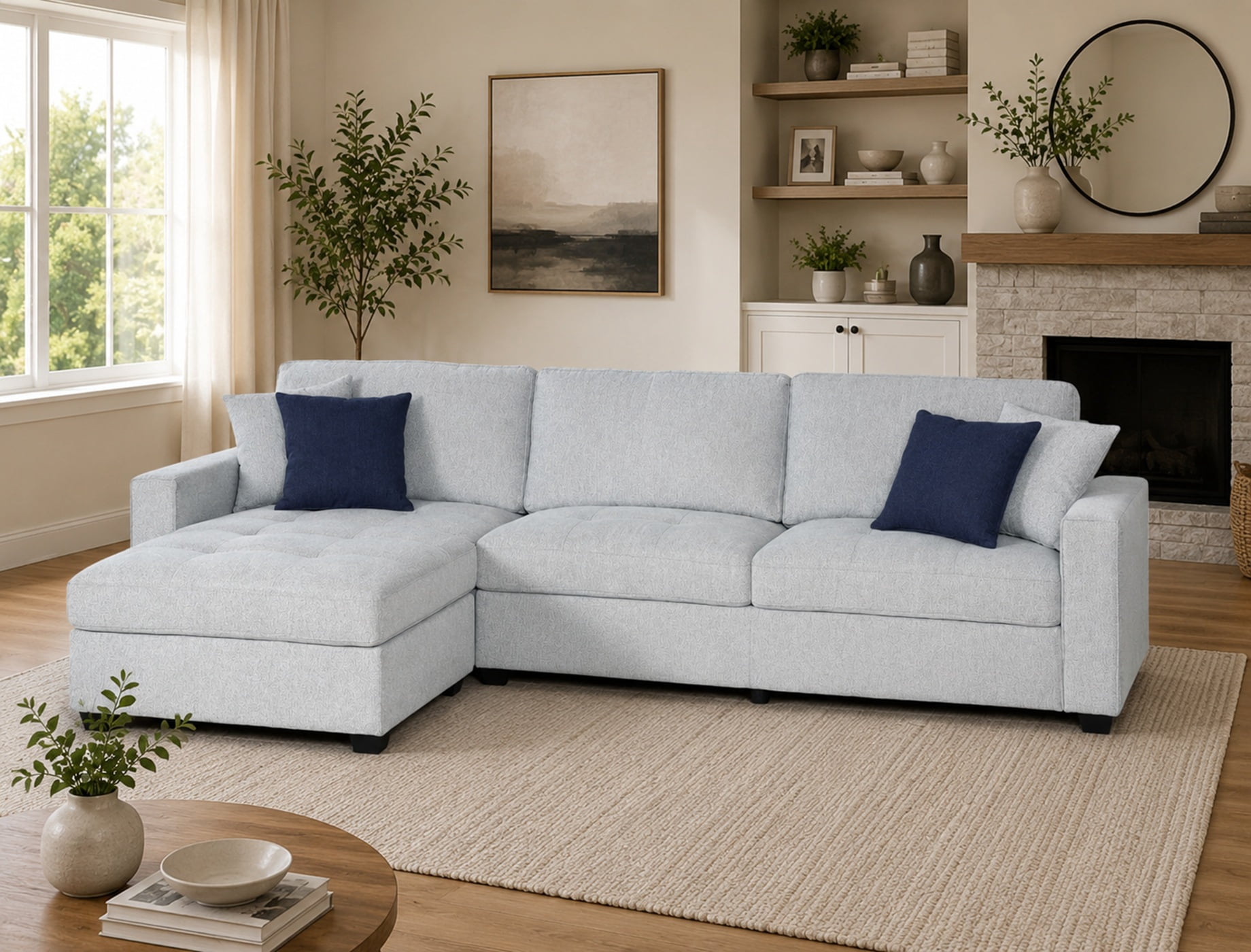 K-Living Amaya Linen Weave Fabric Reversible Sectional Sofa in Sand Color with 2 Throw Pillows