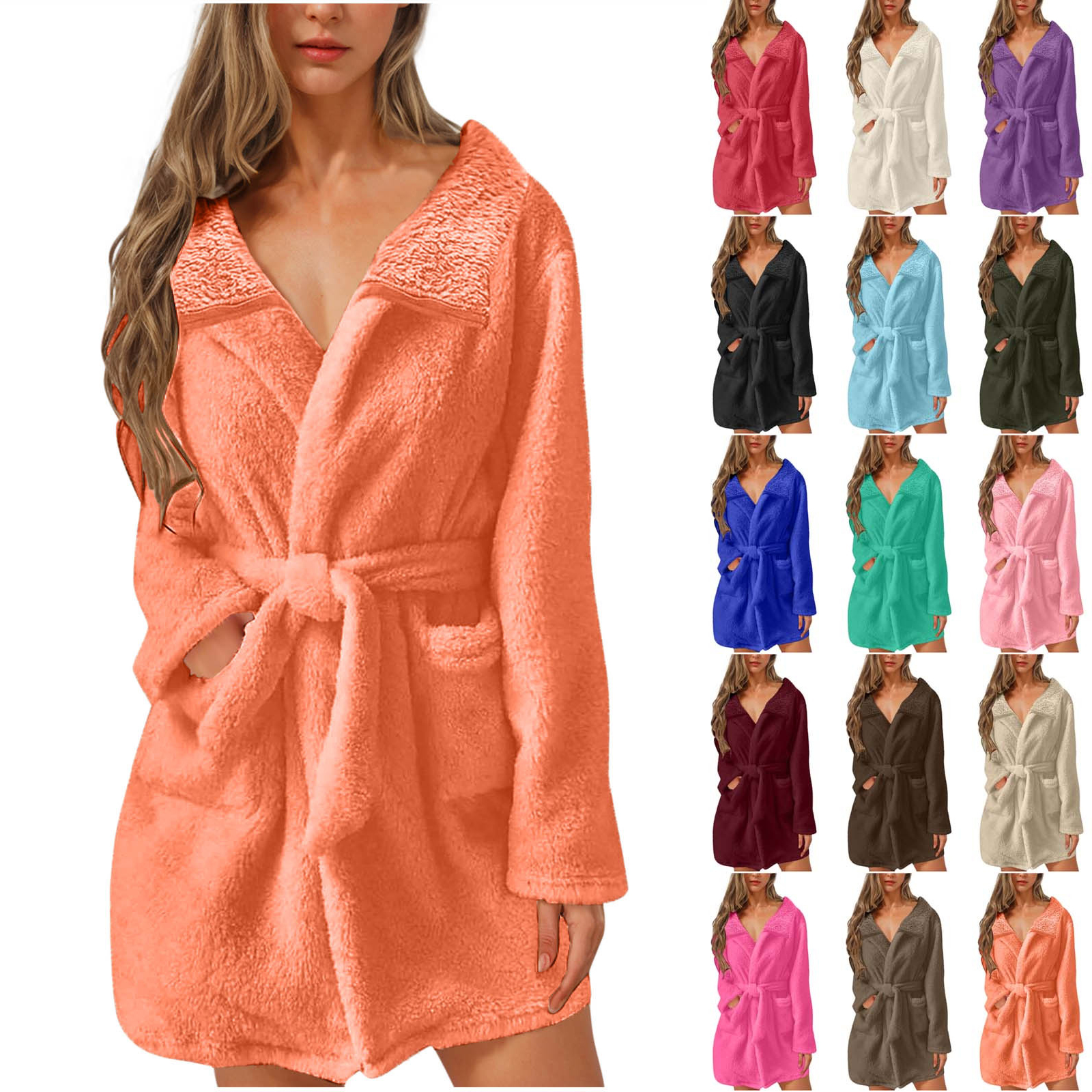 Women's Short Fuzzy Fleece Robe Open Front Lapel Wrap Tie Belt Bathrobe with Side Pocket Warm Cozy Winter Loungewear Nightgown Orange 3XL
