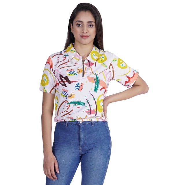 Moomaya Haut Court Imprimé pour Femmes Été Décontracté T-Shirt à Col à Fermeture à Glissière