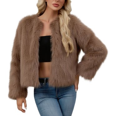 hoksml Manteau Cardigan en Fausse Fourrure pour Femmes, Manches Longues, Hiver Chaud, Veste Courte, Couleur Unie, Col Rond, Vêtement d'Extérieur