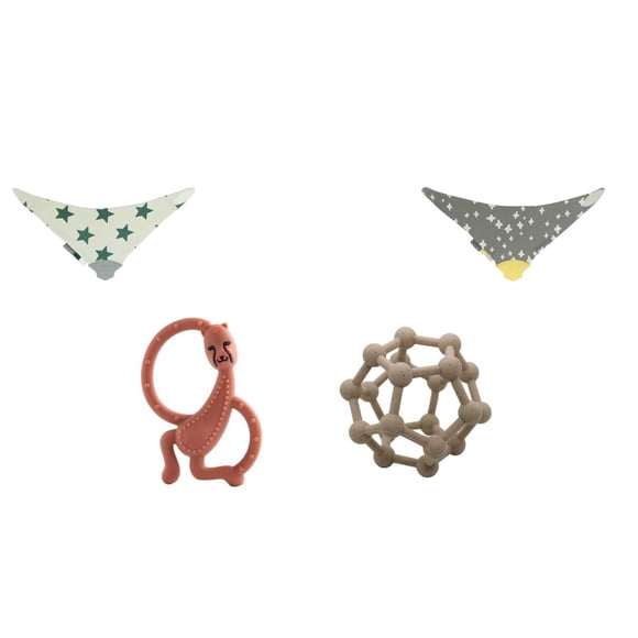Kushies 100% Silicone Teething Set - (Teething Bandana Bibs with silicone chewing part, Teether & Teether ball) – Dishwasher & Microwave Safe - Toasted Almond - 6 months +