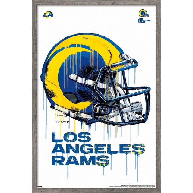 NFL Los Angeles Rams - Drip Helmet 20 Wall Poster, 14.725" x 22.375" framed poster showing a front-facing stylized blue and yellow Los Angeles Rams football helmet with paint drip effects and distressed blue text 'LOS ANGELES RAMS' below on a white background with a gray wood frame, ideal for sports-themed home décor.