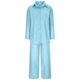 thumbnail image 3 of Women 2 Piece Linen Sets 2025 Button Up Long Sleeve Shirt Drawstring Wide Leg Pants Set Summer Outfits, 3 of 5