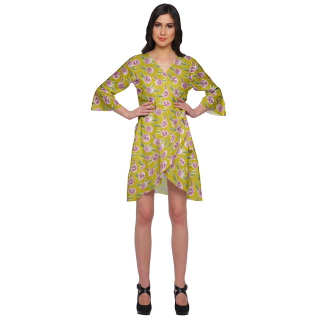 Moomaya Robe en Rayonne Style à Volants pour Femmes, Légère, Imprimée, Croisée, Vêtement de Nuit