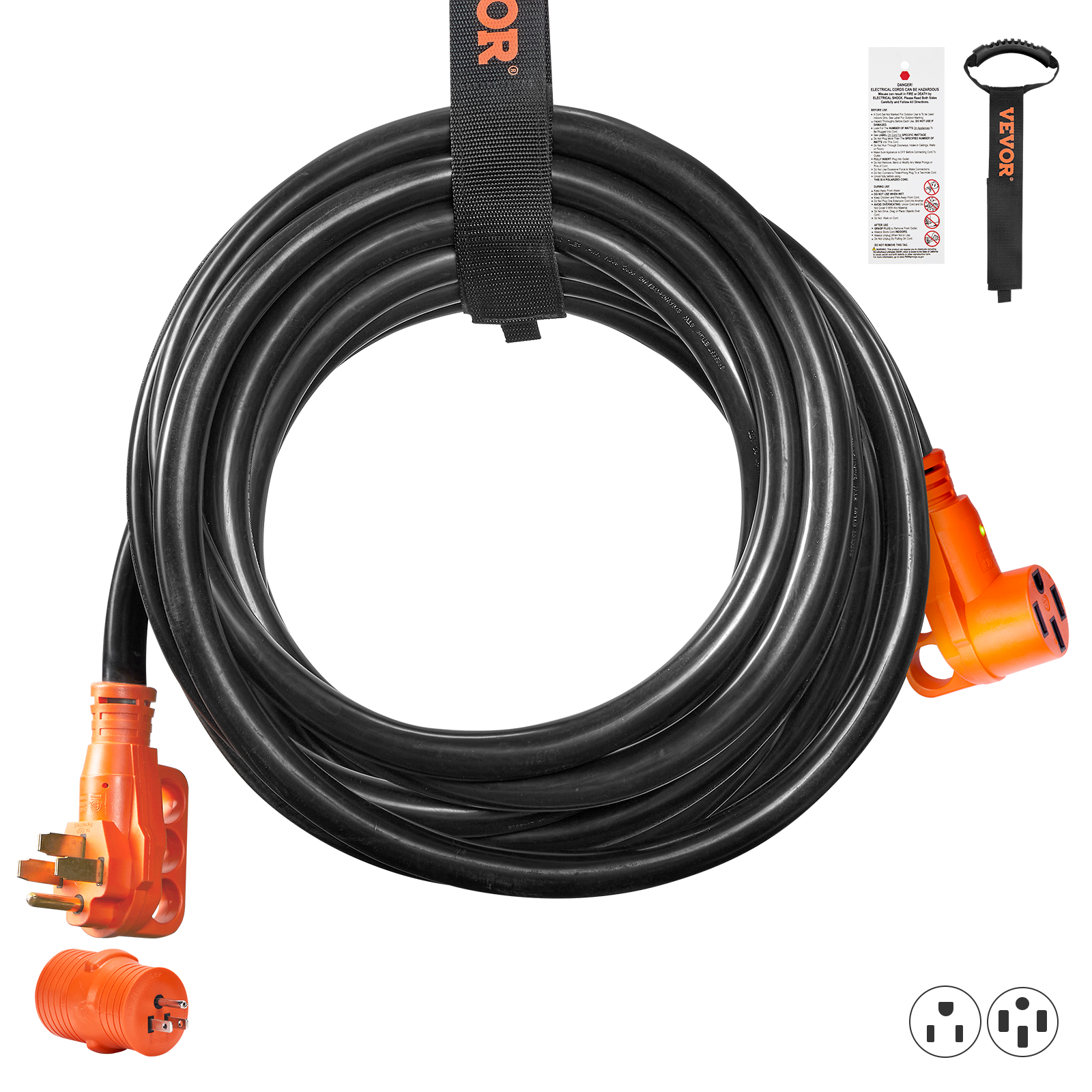 VEVOR Rallonge RV 25 Pieds, 50 Ampères, Cordon d'Alimentation RV Robuste, NEMA 14-50R Femelle NEMA 14-50P Mâle, avec Poignée Indicateur LED Adaptateur 15A, ETL Listed