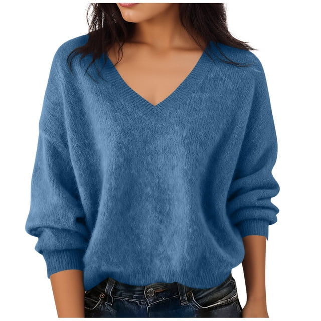 BLVB Chandails Chauds pour Femmes Col en V Classique Doux Chandail Confortable Ample Décontracté Manches Longues Automne Hiver