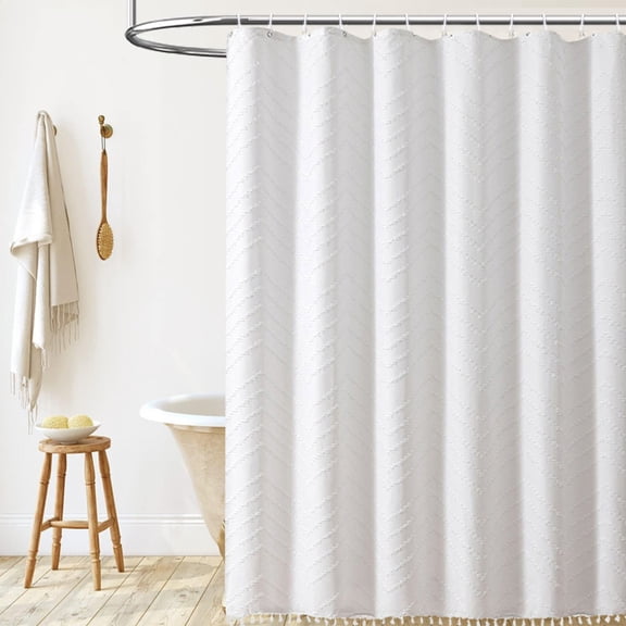 Vaidha Fabric Shower Curtain Boho Bathroom Curtain With Tassel Textured Cloth Bath Curtain Modern Shower Curtain Set With Hooks