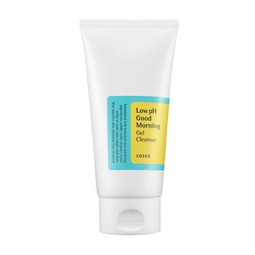 COSRX Low pH Good Morning Gel Cleanser in a white 150ml squeeze tube with a yellow and blue label, a gentle gel cleanser with botanical ingredients that hydrates and maintains skin moisture balance, ideal for oily and sensitive skin types.