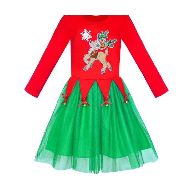 Robe Fille Noël Renne Grelot Manches Longues 6 Ans