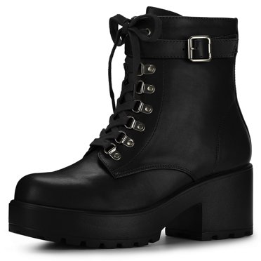 Unique Bargains Women's Chunky Heel Platform Ankle Combat Boots