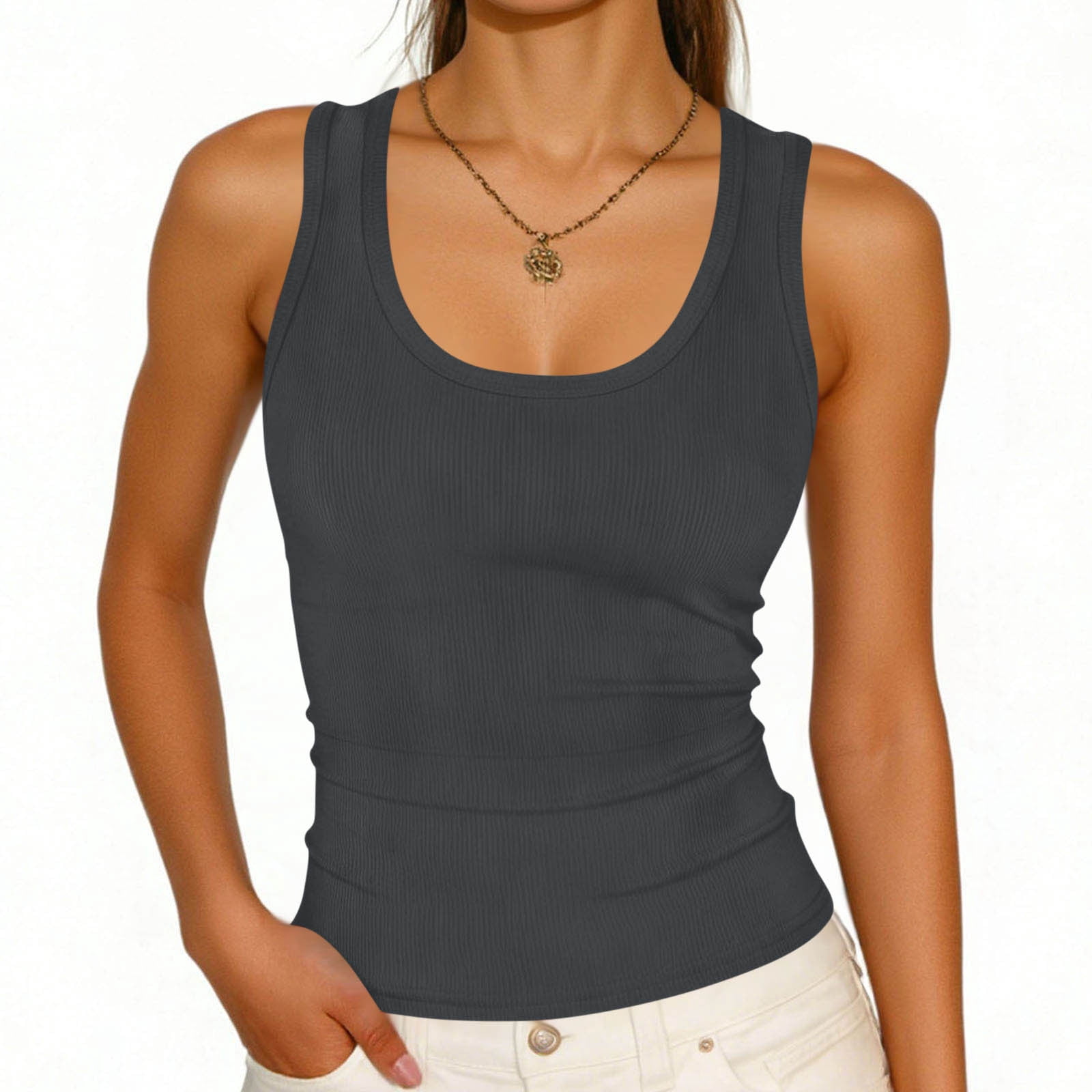 Aezemi Women Slim Fit Ribbed Tank Tops, Knit Sleeveless U Neck