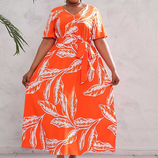 Robes pour Filles Robe d'Été Imprimée Grande Taille Col en V Manches Courtes Taille Élastique Robe de Plage Robe de Soleil Robe Midi Fluide à Volants en Solde