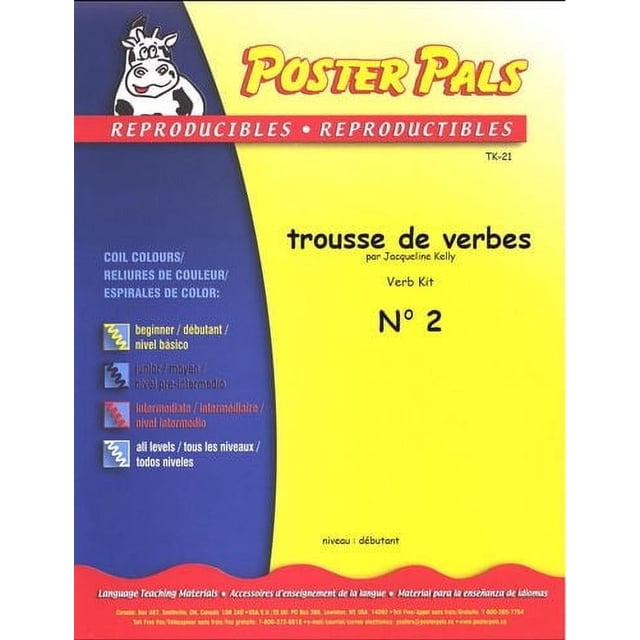 Activités d'Enseignement Reproductibles en Français pour la Trousse de Verbes de Classe FSL - No 2 par Jacqueline Kelly, Couverture d'Aide Pédagogique pour le Niveau Débutant avec Arrière-Plan Jaune et Bleu, logo Poster Pals Mettant en Vedette une Vache de Dessin Animé, Comprend un Code de Couleur à Spirale pour les Niveaux de Langue, Convient à une Utilisation en Classe dans les Fournitures Scolaires