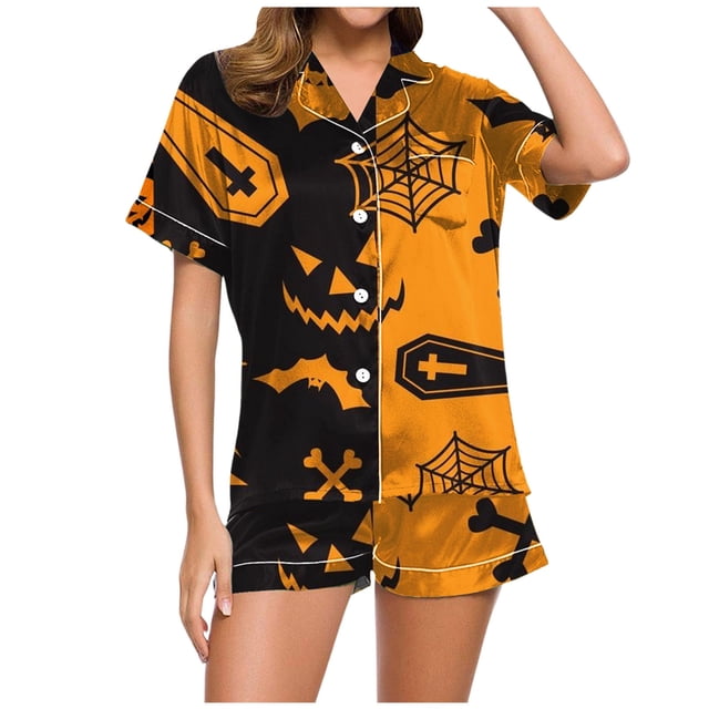Kcodviy Ensemble de Pyjama Décontracté d'Halloween Imprimé pour Femmes Ensemble de Pyjama et Short Hauts en Flanelle pour Femmes Tenues de Préparation pour Fête Nuptiale Tenues de Pyjama pour Femmes Pyjamas Femmes