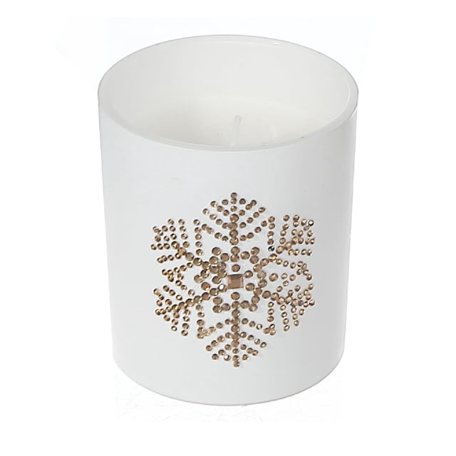 Bougie Parfumée en Pot Blanc Mat de 7 Oz avec un Motif Flocon de Neige Doré sur un Pot Blanc Mat Cylindrique Rempli de Cire Blanche, Conçue pour la Déco Hivernale et une Combustion Longue Durée, Idéale pour Créer une Atmosphère Chaleureuse Ou pour Offrir.