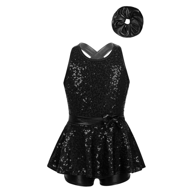 Xnihocha Robe de Danse pour Filles Enfants à Paillettes, Dos Croisé, avec Bande pour Cheveux, pour Costume de Performance Latin Moderne Jazz, Noir 10