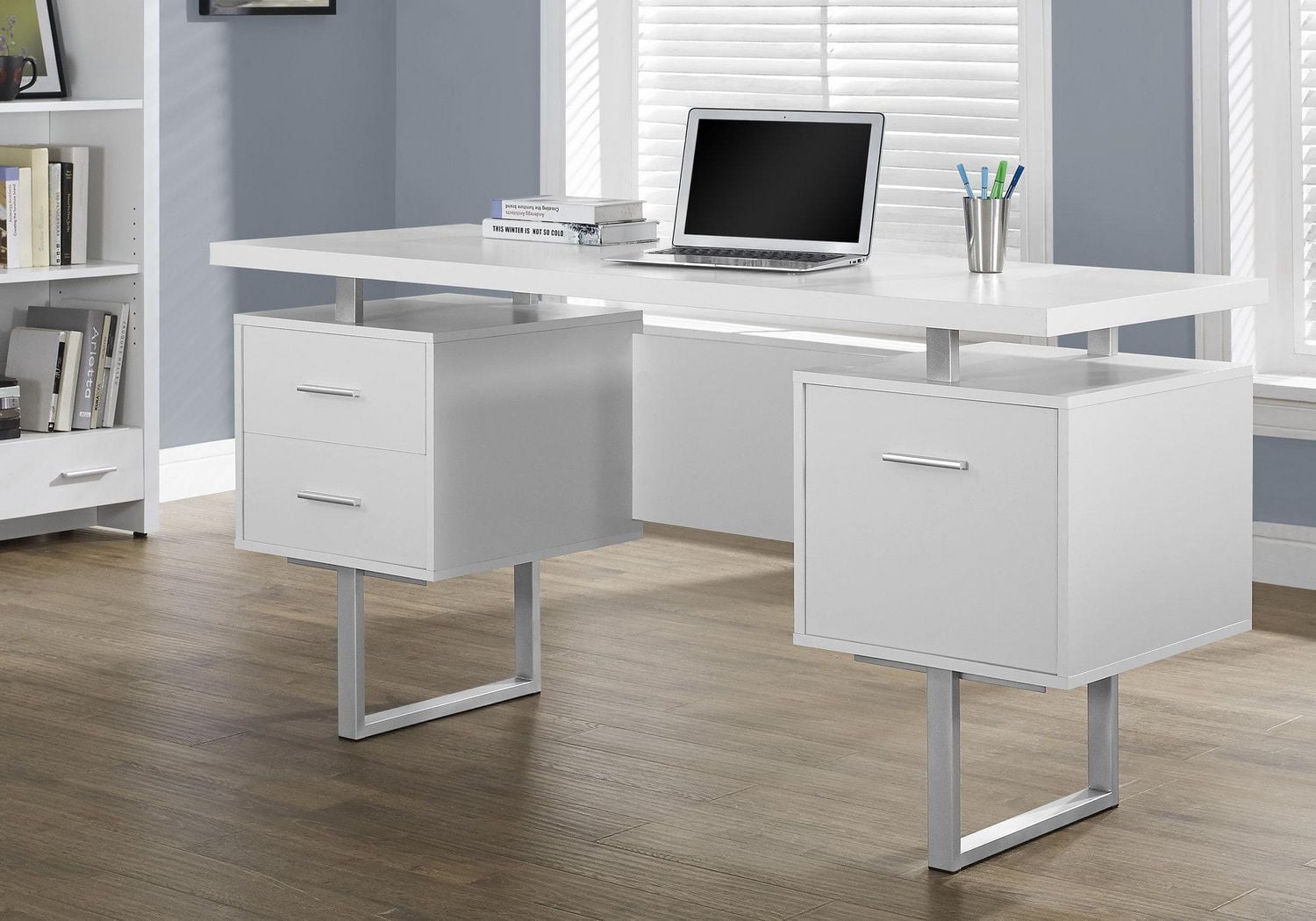 Monarch Specialties Computer Desk, Home Office, Laptop, Left, Right Set-up, Storage Drawers, 60"l, Work, Metal, Laminate, White, Grey, Contemporary, Modern