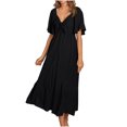 thumbnail image 2 of Jusqu'à 65 % de Rabais! Robes d'Été Mode pour Femmes 2024 Grande Taille Col en V Manches Courtes Unies Taille Robes, 2 of 9