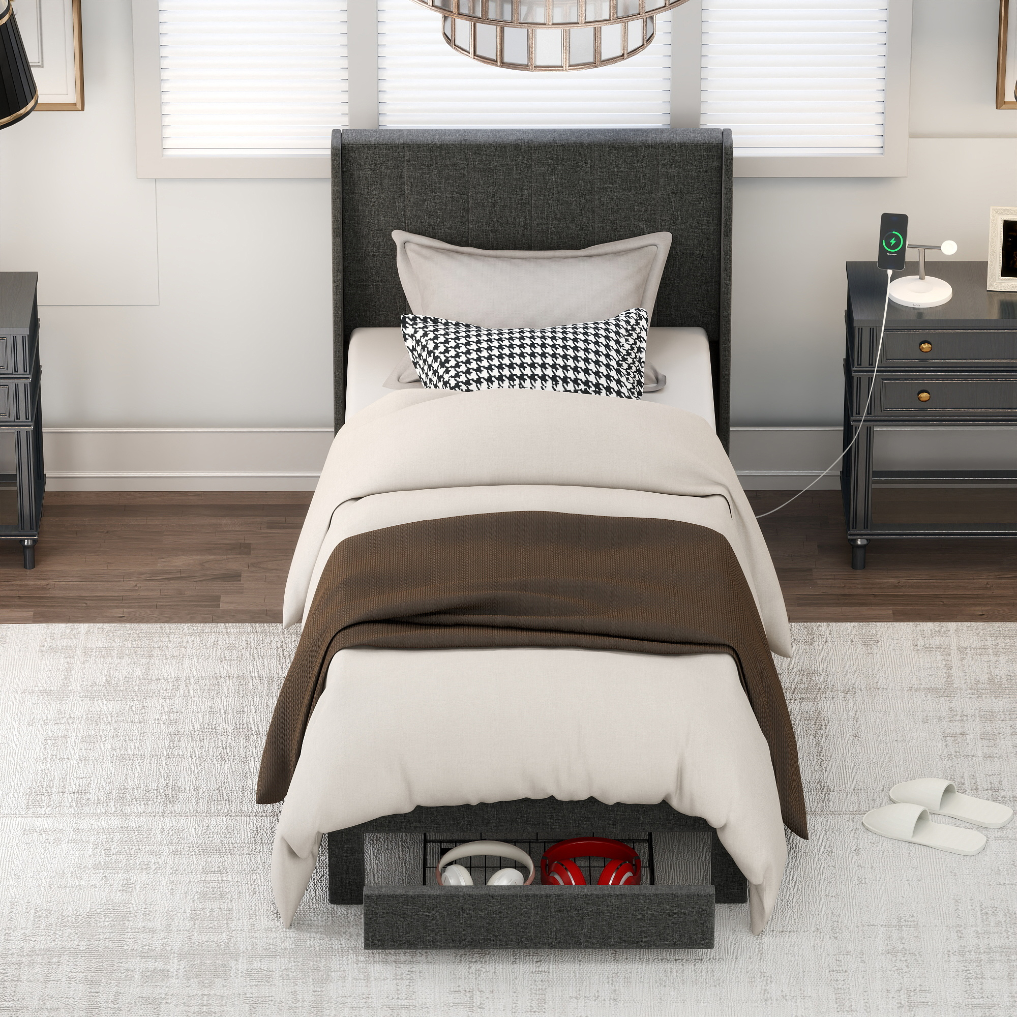 Homy Casa Upholstered Queen Bed Frame with Portable Bedside Tray Table