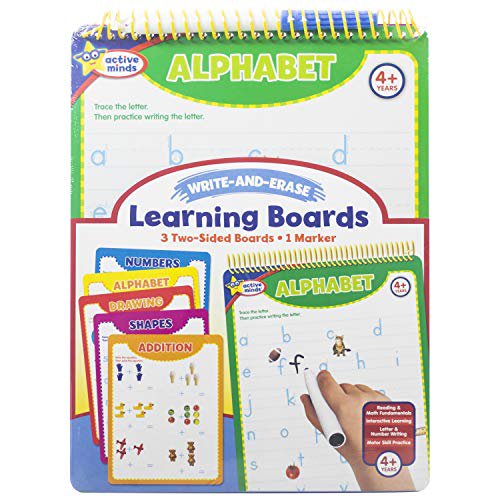 Active Minds - Write-and-Erase - Wipe Clean Learning Boards Ages 4+ - Numbers, Addition, Alphabet, Shapes, and Drawing