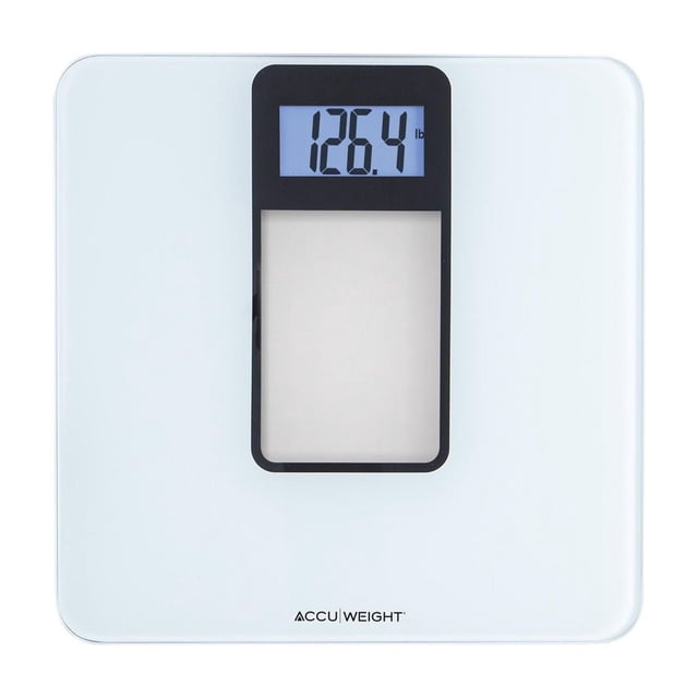 Accuweight 400 lb digital glass bath scale with white tempered glass platform and black-framed blue backlit LCD display showing 126.4 lb, featuring instant step-on reading and compact square design ideal for bathroom use.