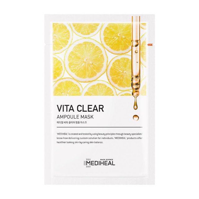Mediheal Vita Clearing Ampoule Mask 1 PC in a white sachet with lemon slice design and a clear serum dropper releasing a droplet, formulated with vitamin C derivative, glutathione, and lime extract to brighten and rejuvenate skin, made with LYOCELL fabric for a moisturizing, second-skin fit.