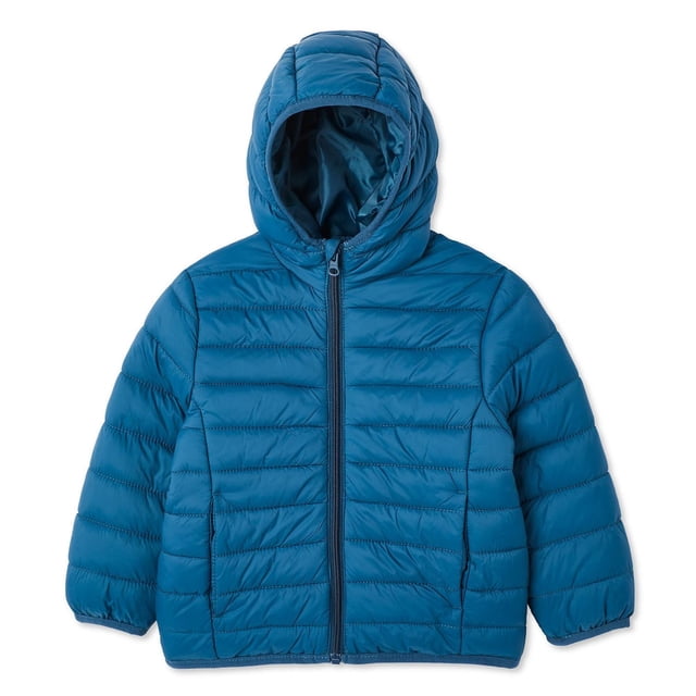 George toddler boys' puffer jacket in blue with water-repellent quilted taffeta fabric, featuring a hood, long sleeves, full-zip closure, and two on-seam pockets, ideal for warmth and outdoor play layering.