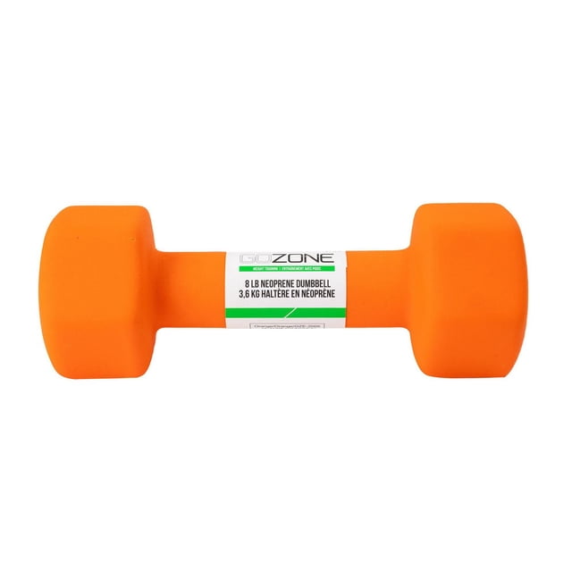 GoZone Haltère hexagonal en Néoprène orange Vif avec Extrémités Hexagonales et Étiquette Blanche Indiquant un Poids de 8 lb (3,6 kg), Doté d'Un Revêtement en Néoprène et d'Une Prise Souple, Conçu pour une Résistance Pondérée et le Tonus des Muscles du Haut du Corps Lors de l'Entraînement de Force à Domicile.