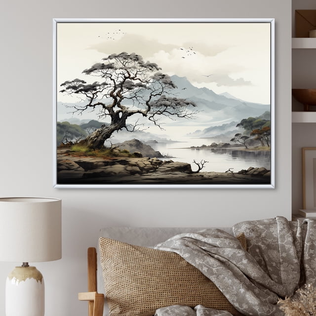 Designart Large Tree White Framed Wall Art, Grey Minimalism Tree Ink euphony , Trees framed wall art decor, Grey Traditional White Framed Wall Art, 44x34 inches White Color Frame