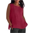 thumbnail image 1 of ohmzyzo Débardeurs en Coton et Lin pour Femmes Col Ras du Cou devant Plissé Tunique Sans Manches Débardeurs Grande Taille Chemises Décontractées d'Été Blouse avec Fente Latérale, 1 of 5