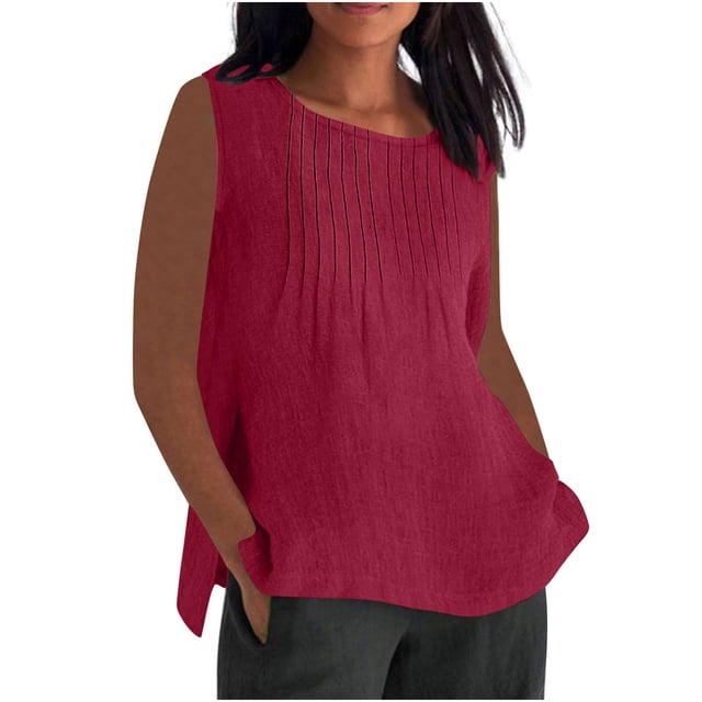 ohmzyzo Débardeurs en Coton et Lin pour Femmes Col Ras du Cou devant Plissé Tunique Sans Manches Débardeurs Grande Taille Chemises Décontractées d'Été Blouse avec Fente Latérale