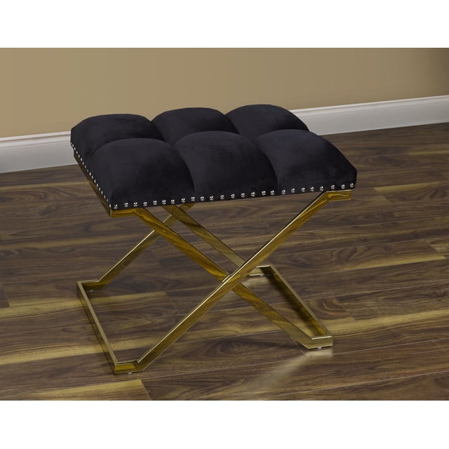 K-LIVING LIGHT BLACK SUEDE WITH GOLD BASE BENCH with tufted black suede cushioned seat and silver nailhead trim, supported by golden stainless steel X-shaped legs on wood flooring, suitable for entryway or bedroom seating and often used as extra living room seating.