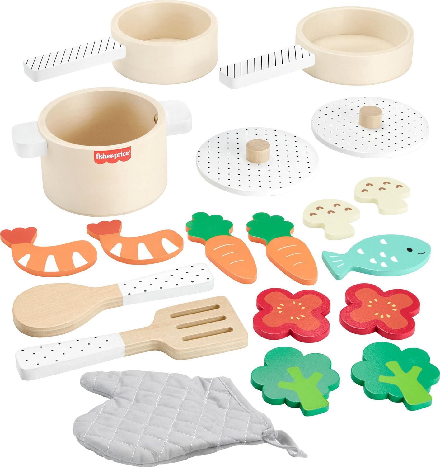 Fisher-Price Wooden Kitchen Pots & Pans Set, 19 Wood Pieces for Preschool Pretend Play, Ages 3+ Years