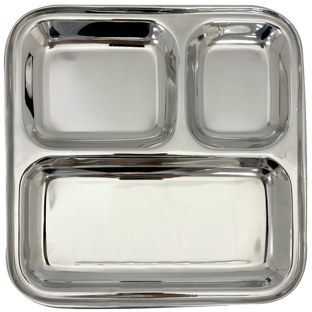 Verka Stainless Steel 3 Compartment Small Tray with polished stainless steel finish, featuring one large rectangular and two smaller square compartments for portion-controlled serving, rust-resistant, dishwasher safe, and ideal for organized meals or food sampling.