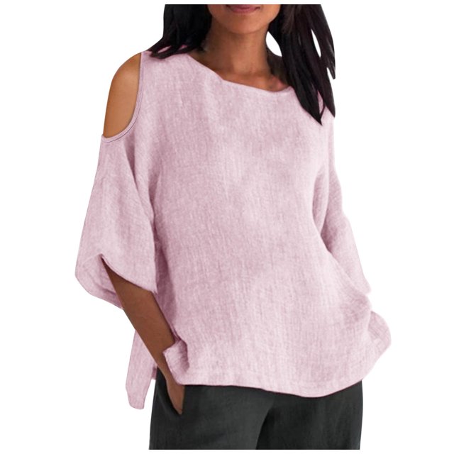 Liquidation! Hauts Grande Taille pour Femmes, Blouse à Manches Courtes d'Été pour Femmes, Mode Féminine Manches Courtes Col Rond Ample Épaules Dénudées Blouse