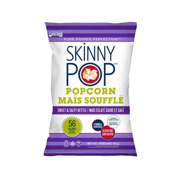 SkinnyPop Sac de Maïs Soufflé Kettlecorn Sucré et Salé avec Rayures Blanches et Violettes, Comprenant 56 calories par Tasse, Sans gluten, non-OGM, et Sans Colorants Ni Arômes Artificiels, Poids net 150 g, Idéal pour des Collations Propres.