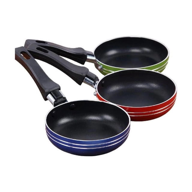 Random Color Small Frying Pan Thick Non Stick Pan for Steak & Eggs, featuring an 8-inch skillet with a durable aluminum alloy structure. The image shows three pans in random colors—blue, red, and green—with non-stick interiors and ergonomic black handles. Designed for single servings, these pans are compatible with induction stovetops and have a hole at the handle's end for convenient hanging. Ideal for preparing eggs, steaks, and other small meals.