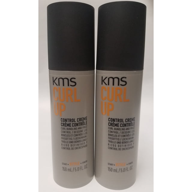 KMS Curl Up Control Creme 5 oz. Pack of 2. Two grey bottles with black caps, featuring orange and black text. Designed for curl bundling and frizz control, each bottle contains 150 mL (5 fl. oz.) of product. Suitable for styling curly hair.