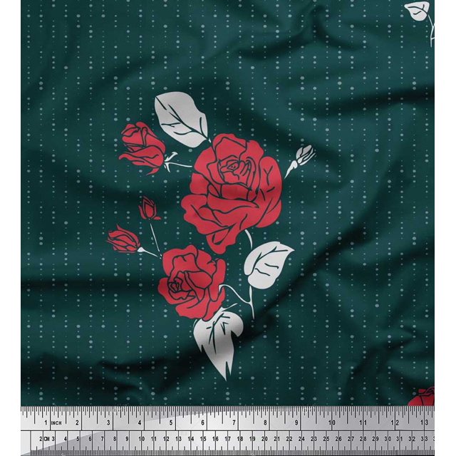 Soimoi Rayon Fabric Dot,Leaves & Rose Flower Decor Fabric Printed Yard 56 Inch Wide