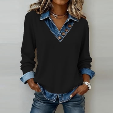 Sentmoon Chandail pour Femmes Hauts pour Femmes Vêtements pour Femmes Chandail Uni Décontracté à Manches Longues à Col à Revers avec Boutons en Denim à Empiècements Chandail à Enfiler Chandail Haut L
