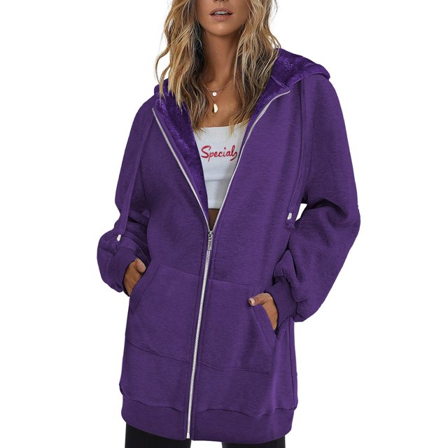 Innerwin Sweatshirts à Capuche Zippés pour Femmes Sweat à Capuche Automne Couleur Unie Chaud Violet L