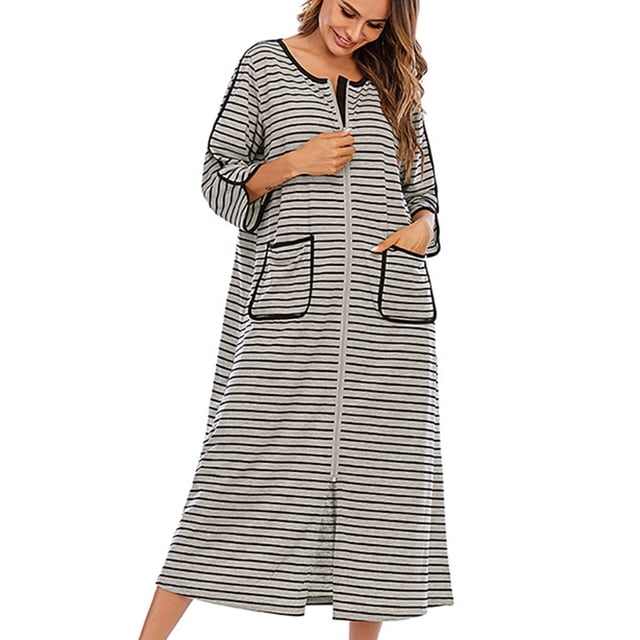 yievot Chemise de Nuit Chaude d'Hiver pour Femmes Automne et Hiver Robe de Nuit Zippée avec Poches Pyjama Ample