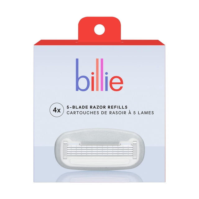 Billie Women’s Razor Refill Blades package containing 4 nickel-free 5-blade refill cartridges encased in aloe shave soap for a soothing, ultra-gentle shave, designed for women’s razors, displayed on a light blue background with a red hanging tab.