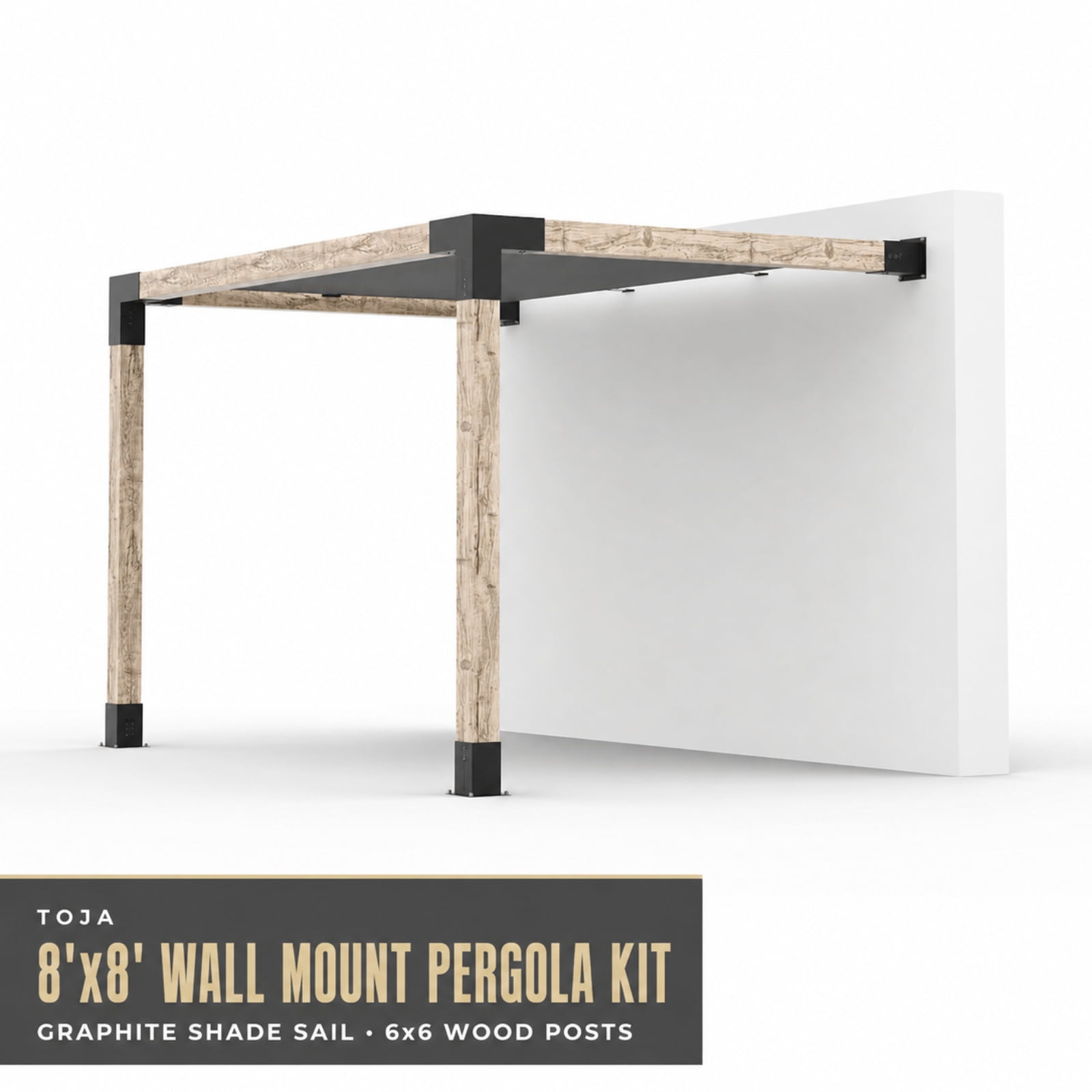 Kit de pergola murale Toja 10'x12' avec voile d’ombre en graphite pour poteaux en bois 6x6