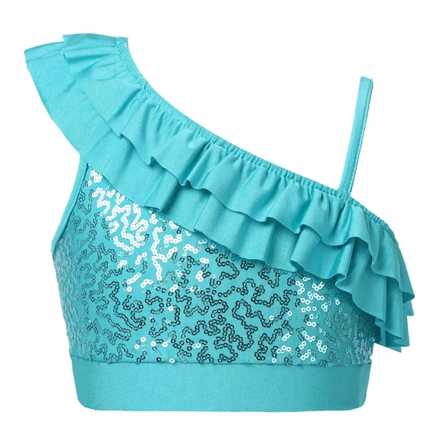Yartina Kids Girls Asymmetrical Ruffled Sequin Performance Crop Tops Modern Jazz Hip Hop One Shoulder Dance Costume Blue 8