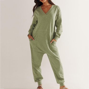 LSLJS Women's Fashionable Solid Color Casual Loose Fitting Jumpsuit Long Sleeved V-Neck Jumpsuit Casual Pajama Pocket Jumpsuit