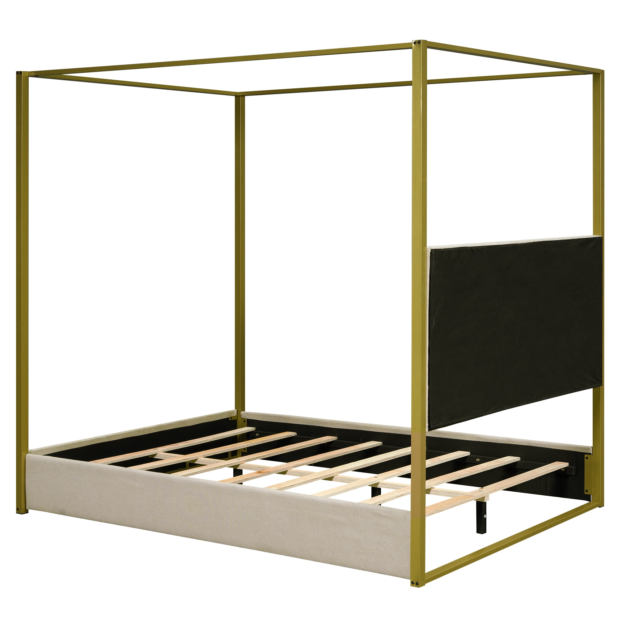 Noble House Queen Size Upholstery Canopy Platform Bed with Headboard and Metal Frame, Beige